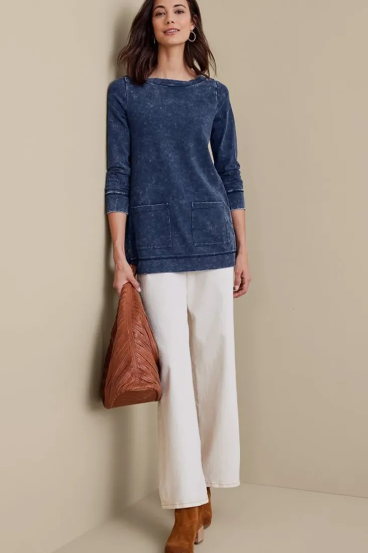 New Soft Surroundings Washed Make It Snappy Pullover DenimBlue