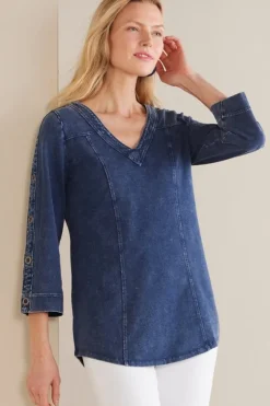 New Soft Surroundings Wilma Washed Knit Denim Tunic DenimBlue
