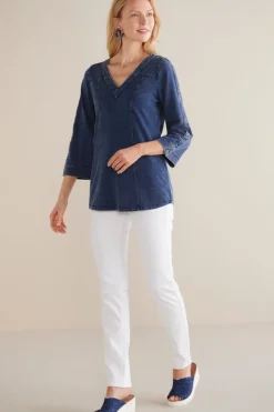 New Soft Surroundings Wilma Washed Knit Denim Tunic DenimBlue