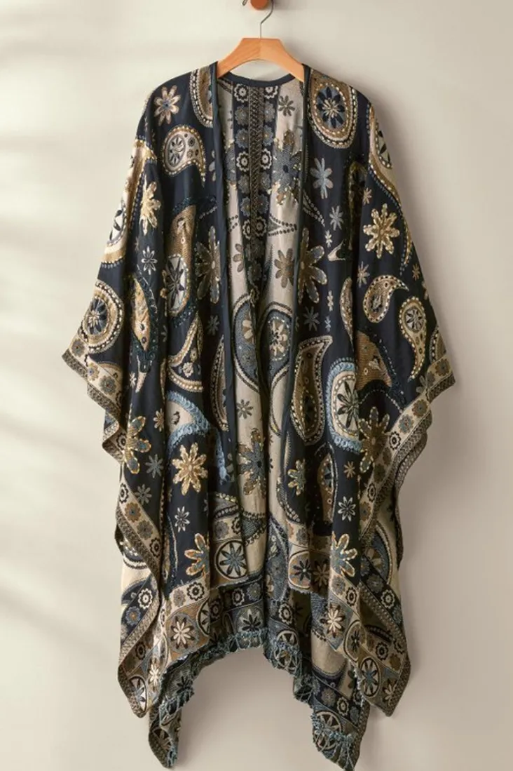 New Soft Surroundings Yasmin Embroidered Wrap BlackMulti